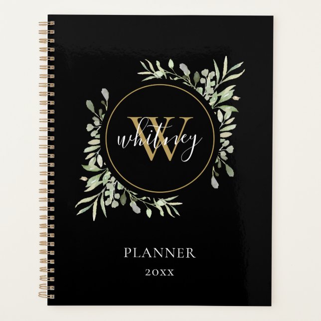 Élégant monogramme de verdure Script noir 2023 (Devant)