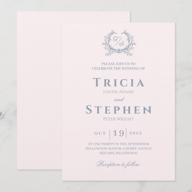 Élégant monogramme faire-part de mariage rose pâle (Devant / Derrière)