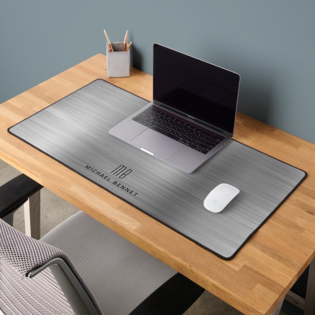Élégant Monogramme Faux Argent Brossé Metallic (Bureau 2)