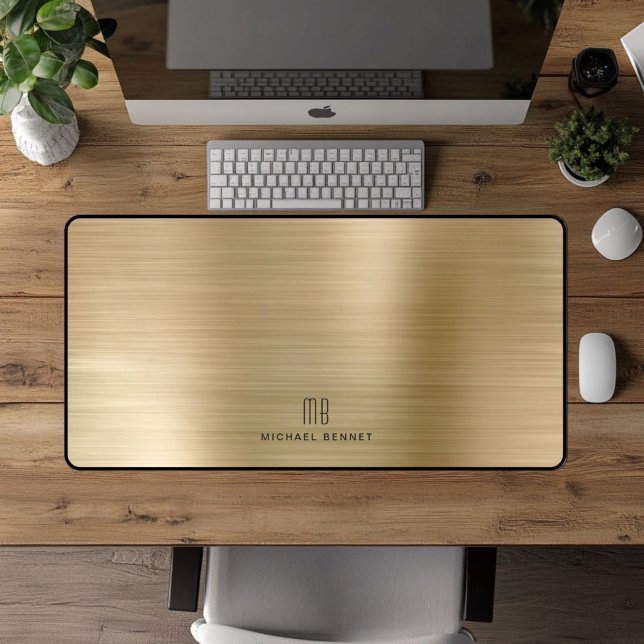 Élégant Monogramme Faux Or Brossé Métallique (Elegant Monogrammed Faux Gold Brushed Metallic Desk Mat)