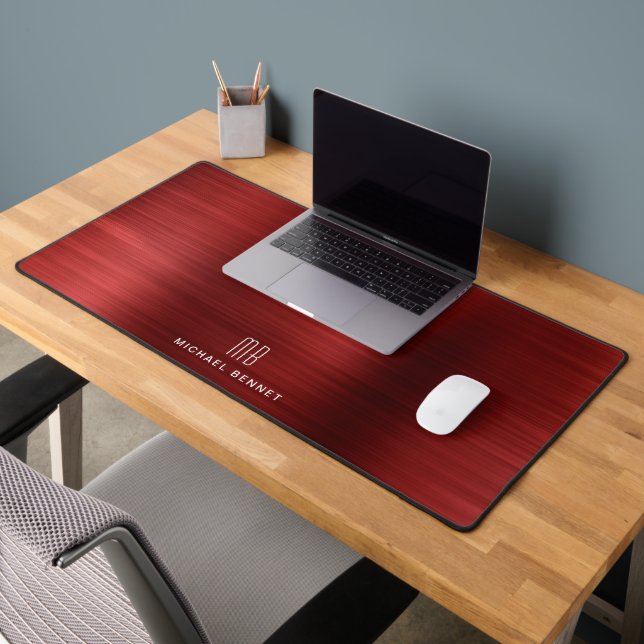 Élégant Monogramme Faux Rouge Brossé Métallique (Bureau 2)
