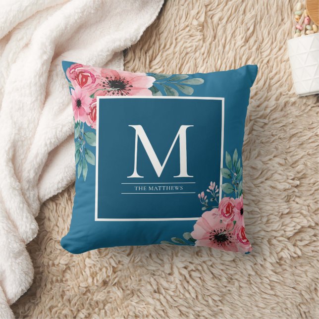 Élégant Monogramme Floral Oreiller Bleu Océan (Couverture)