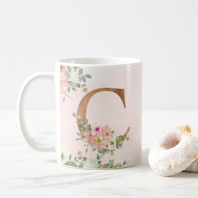 Élégant Monogramme Floral Rose C Café Mug (Avec donut)