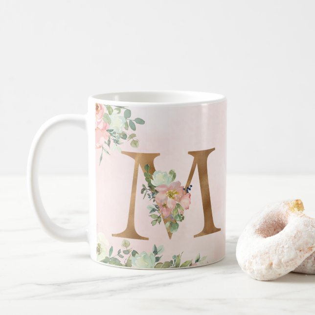 Élégant Monogramme Floral Rose M Café Mug (Avec donut)