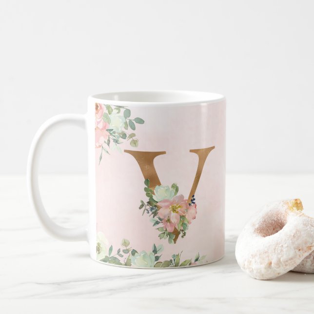 Élégant Monogramme Floral Rose V Mug Café (Avec donut)