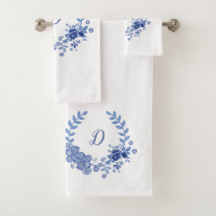 Élégant Monogramme Floral Shabby Chic Blue