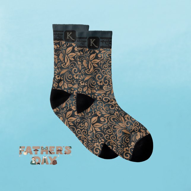Élégant Monogramme Floral Turquoise & or (Elegant Teal & gold Floral Monogram Socks)