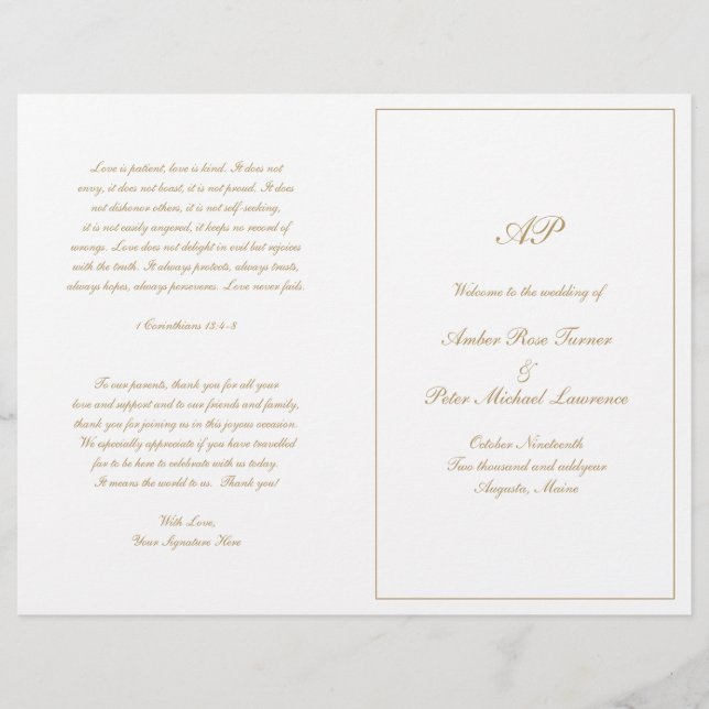 Élégant Monogramme Formal Gold Wedding Programme (Devant)