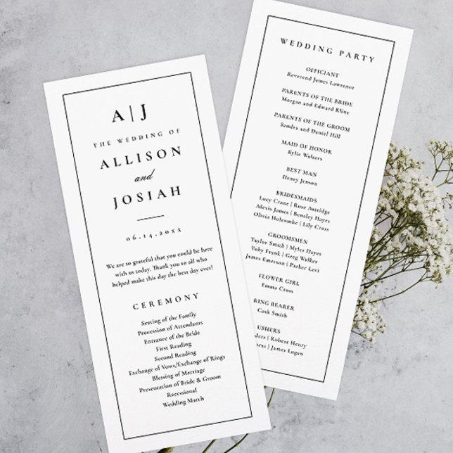 Élégant Monogramme Noir et Blanc Programme de Mari (Elegant black and white wedding program.)