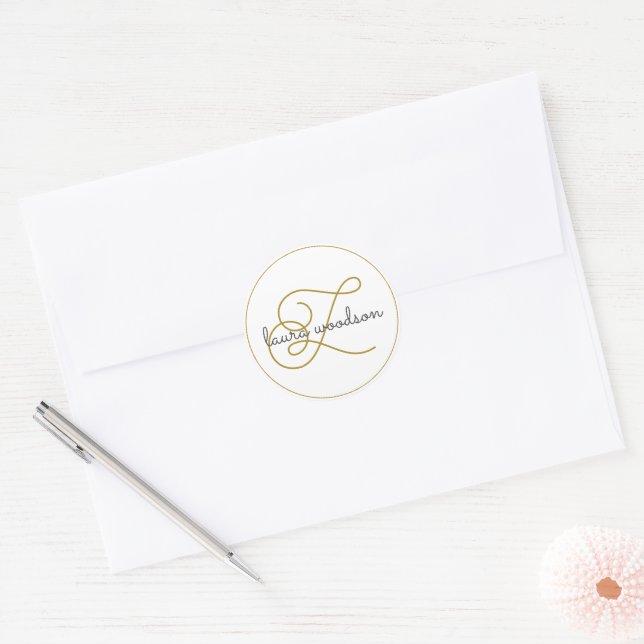 Élégant Monogramme Noir Or Classic Sticker Rond (Enveloppe)
