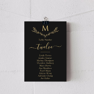 Élégant Monogramme Noir & Or Wreath Cartes de mari