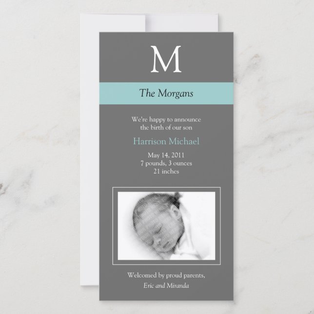Élégant Monogramme Nouveau Carte photo bébé - gris (Devant)