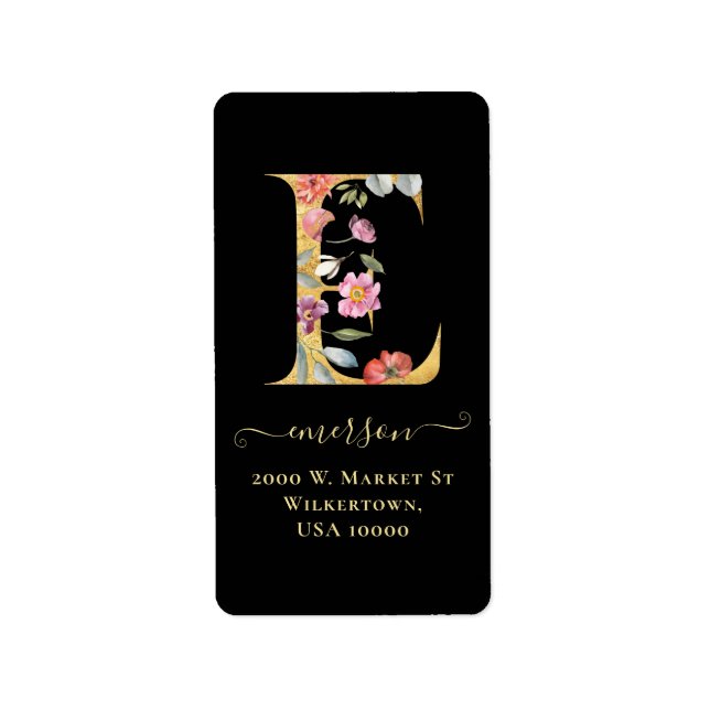 Élégant Monogramme Or E Étiquette de adresse Flora (Devant)