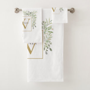 Élégant Monogramme Or Vert Floral