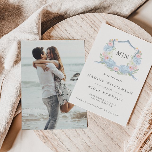 Élégant Monogramme Photo Bleu Save the Date  (Créateur téléchargé)