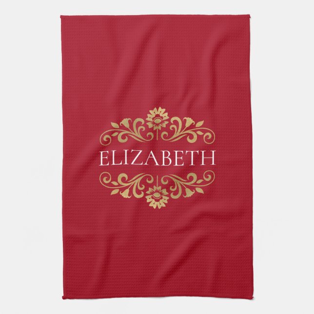 Élégant Monogramme Rouge Or Serviette de cuisine d (Vertical)