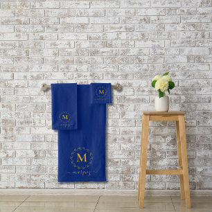 Élégant monogramme Royal Blue Gold Wreath