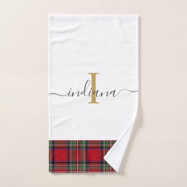Élégant Monogramme Script Plaid Tartan Stewart (Serviette à main)