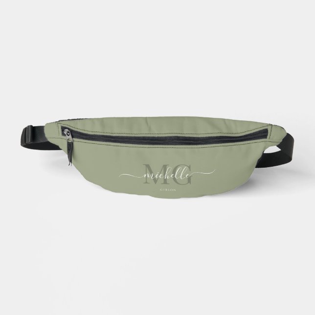 Élégant Monogramme Script Sage Vert moderne (Recto)