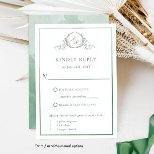 Élégant Monogramme vert avec carte RSVP Aquarelle