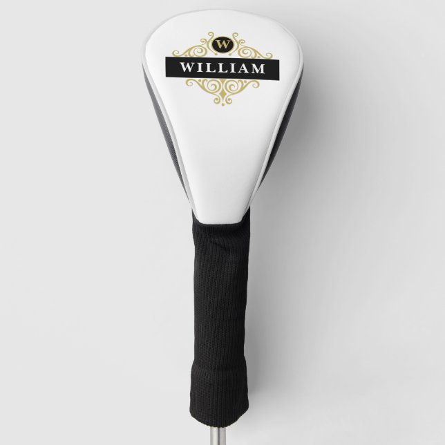 Elegant Monogrammed Black and Gold Golf Head Cover (Front)
