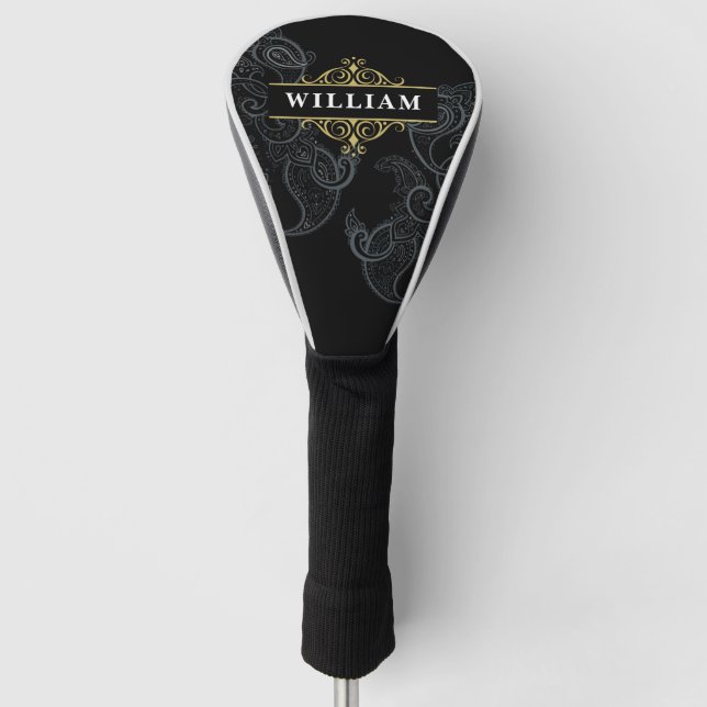 Elegant Monogrammed Black and Gold Paisley Golf Head Cover (Front)
