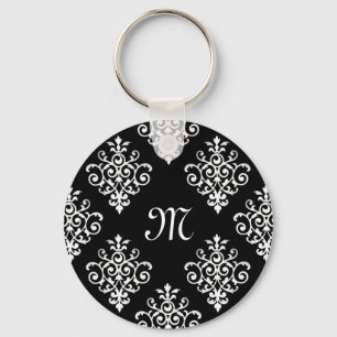 Elegant Monogrammed Black and White Damask Pattern Keychain