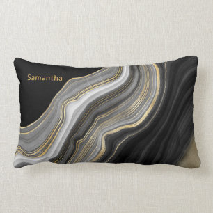 Elegant Monogrammed Black Gold and Gray Agate Lumbar Pillow
