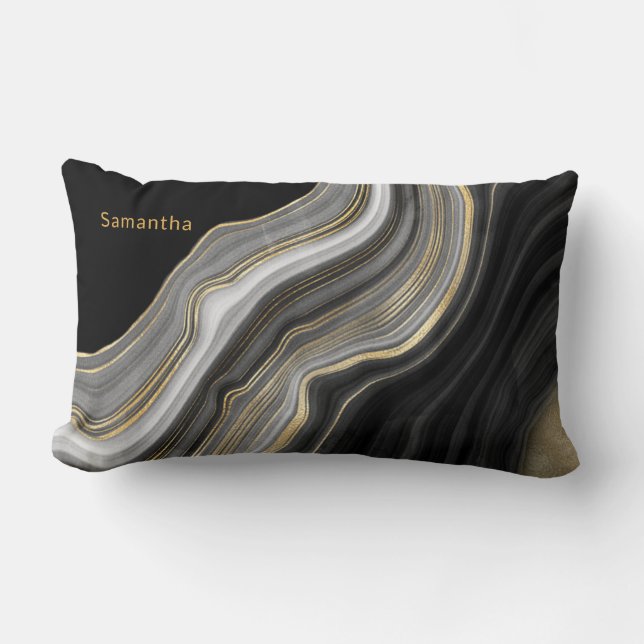 Elegant Monogrammed Black Gold and Grey Agate Lumbar Pillow (Front)