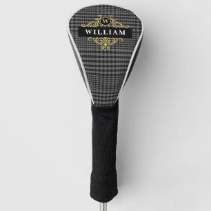 Elegant Monogrammed Black Gold and Grey Plaid Golf Head Cover