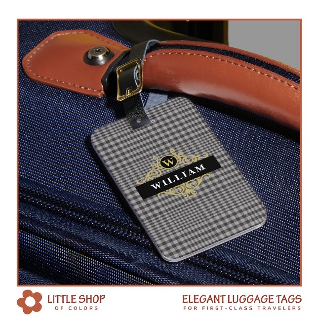 Elegant Monogrammed Black Gold Grey Plaid Luggage Tag (Creator Uploaded)