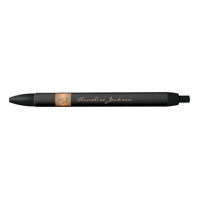 Elegant monogrammed black gold name script classy black ink pen (Front)