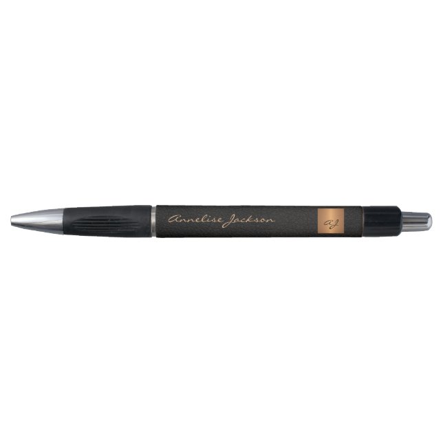 Elegant monogrammed black gold name script stylish pen (Front)