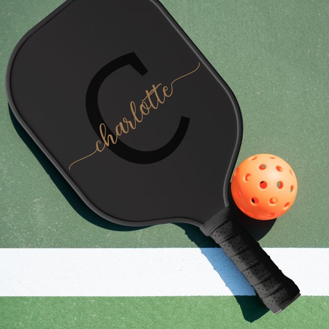 Elegant Monogrammed Black Gold Script Name Pickleball Paddle (monogrammed black and gold pickleball paddle)