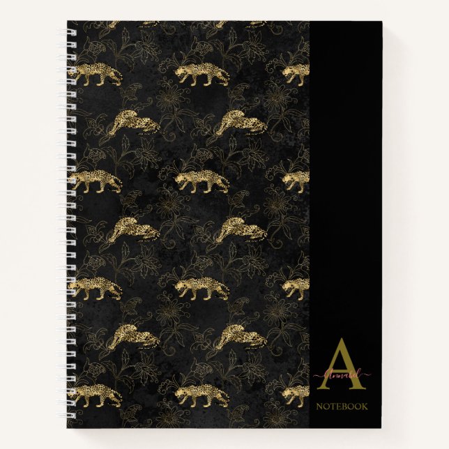 Elegant Monogrammed Black Leopard  Notebook (Front)