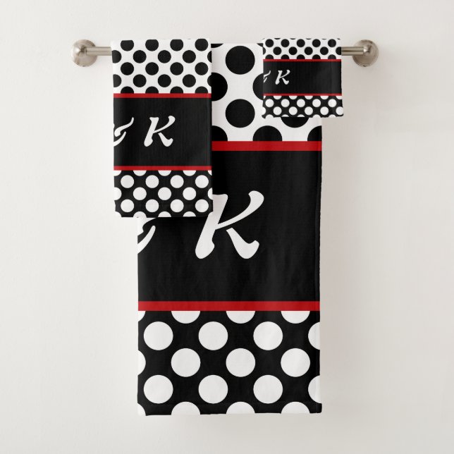 Elegant Monogrammed Black Polka Dot Bath Towel Set (Insitu)