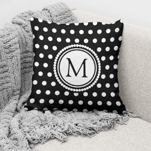 Elegant Monogrammed Black White Polka Dots Throw Pillow