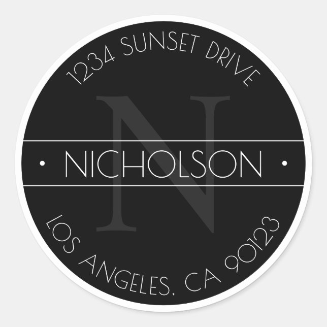 Elegant Monogrammed Black & White Return Address Classic Round Sticker (Front)
