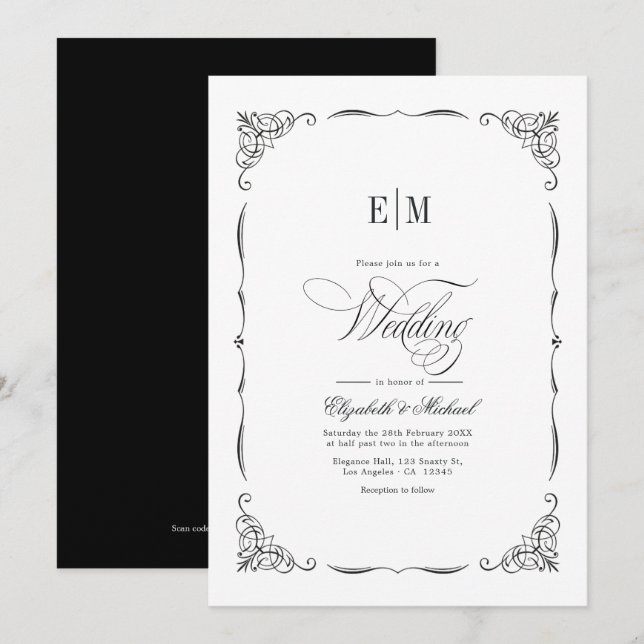 Elegant Monogrammed Black & White Wedding QR Code Invitation (Front/Back)