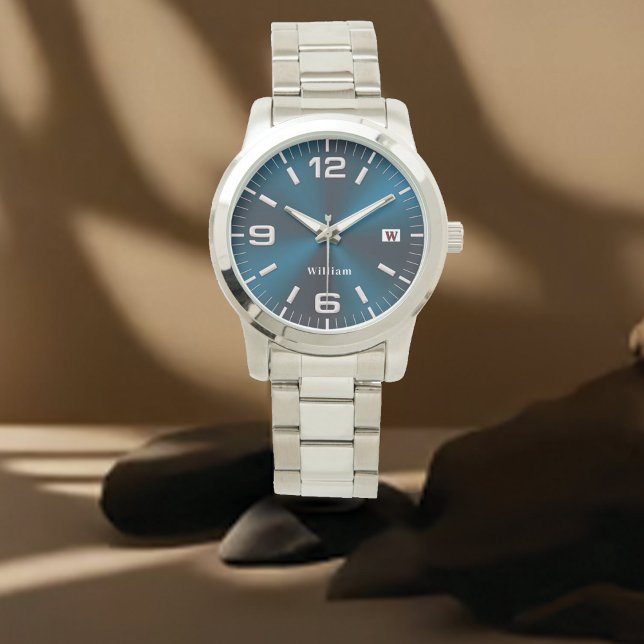 Elegant Monogrammed Blue Brushed Metallic Watch (Creator Uploaded)