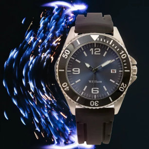 Elegant Monogrammed Blue Brushed Metallic Watch