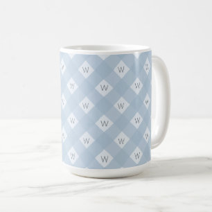 Elegant Monogrammed Blue, White Checkered Pattern Coffee Mug