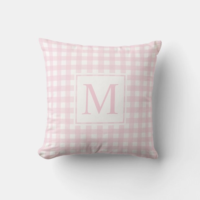 Elegant Monogrammed Blush Pink Medium Gingham Throw Pillow (Front)