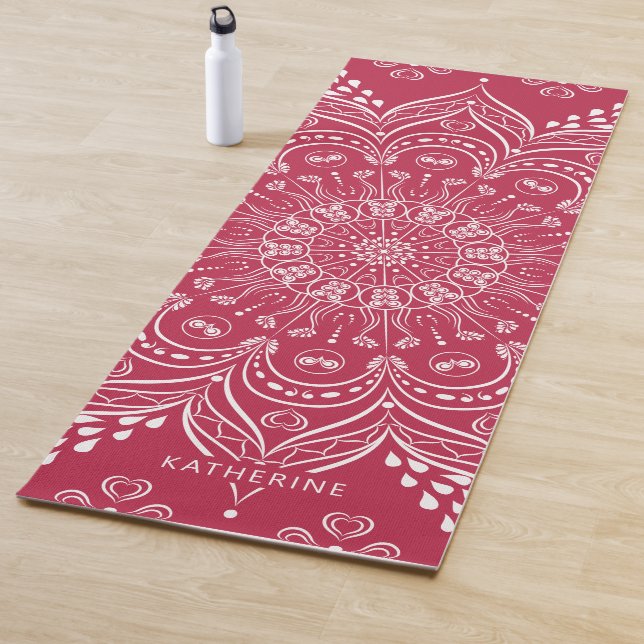 Elegant Monogrammed Boho Mandala Magenta Yoga Mat (In Situ)