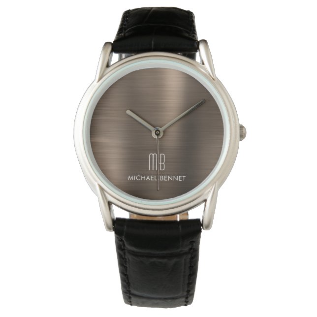 Elegant Monogrammed Bronze Brown Brushed Metallic Watch (Front)