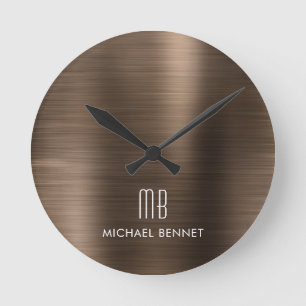Elegant Monogrammed Bronze Brushed Metallic Round Clock