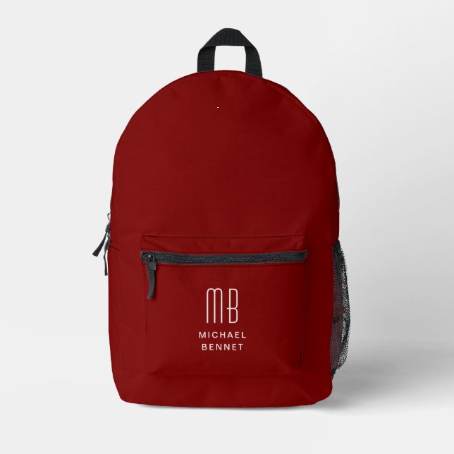 Elegant Monogrammed Burgundy Printed Backpack (Front)