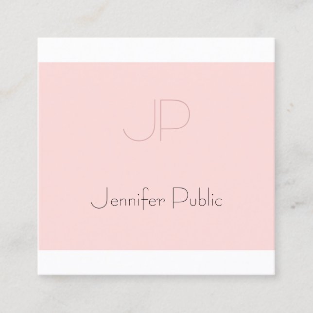 Elegant Monogrammed Clean Plain Trendy Blush Pink Square Business Card (Front)