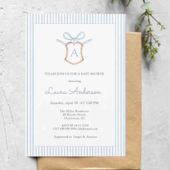 Elegant Monogrammed crest Blue Boy Baby shower Invitation (Creator Uploaded)