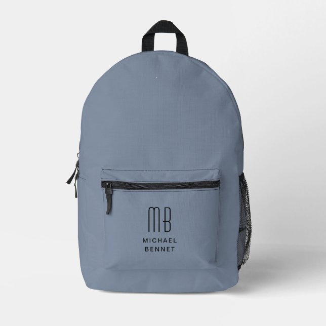 Elegant Monogrammed Dusty Blue Printed Backpack (Front)